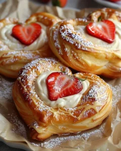 A delicious Strawberry Cream Danish pastry with strawberries and cream filling.