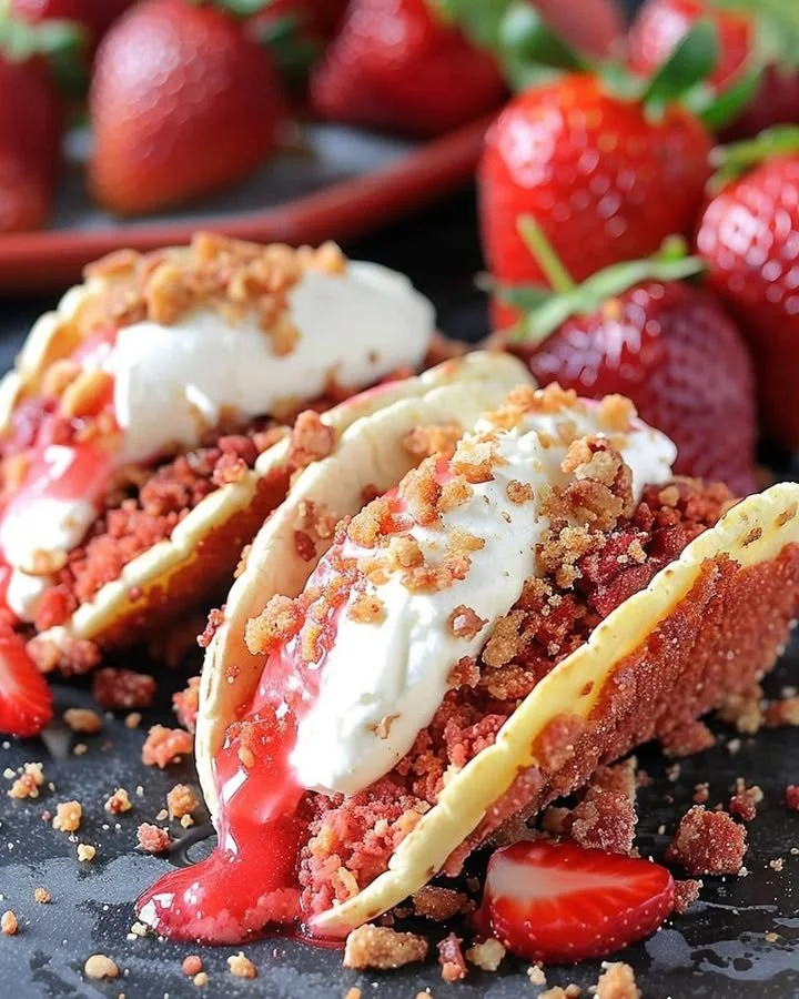 Delicious strawberry crunch cheesecake tacos served on a plate