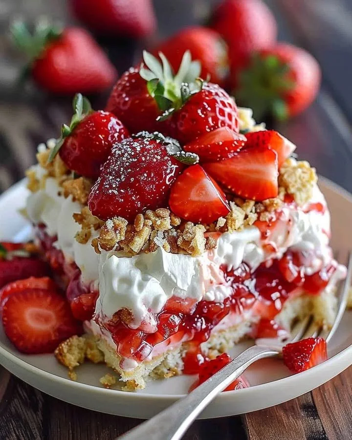 Delicious Strawberry Crunch Poke Cake topped with strawberry crunch