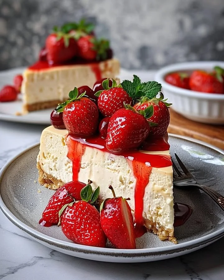 Strawberry Double Cheese Cheesecake topped with fresh strawberries and cream