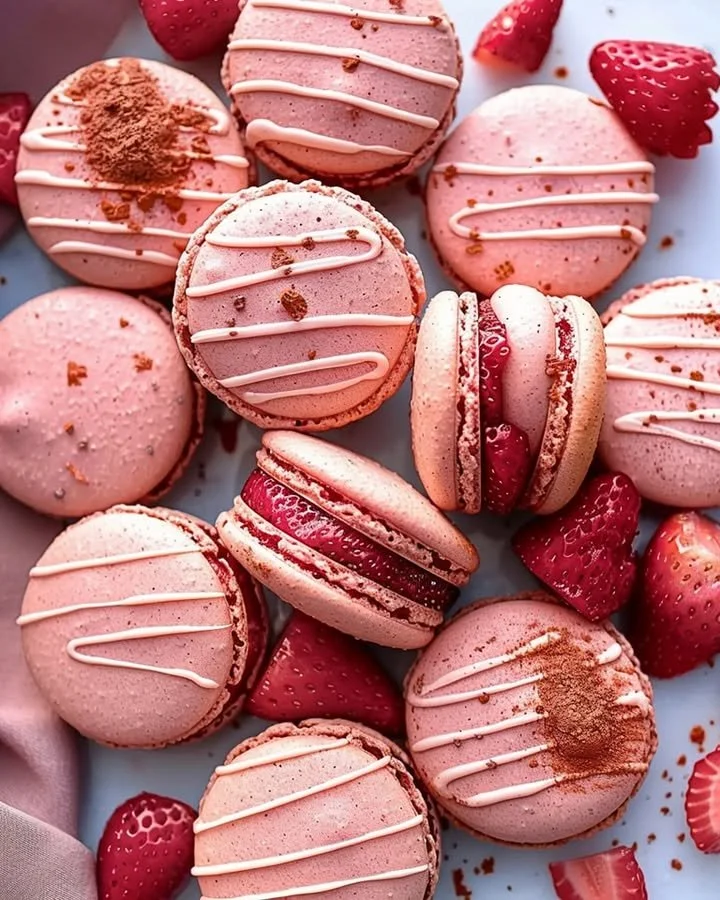 Delicious Strawberry French Macarons arranged on a plate