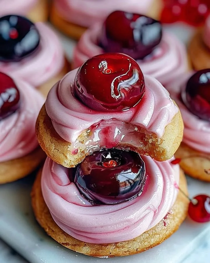 Delicious strawberry frosted cherry cookies on a decorative plate