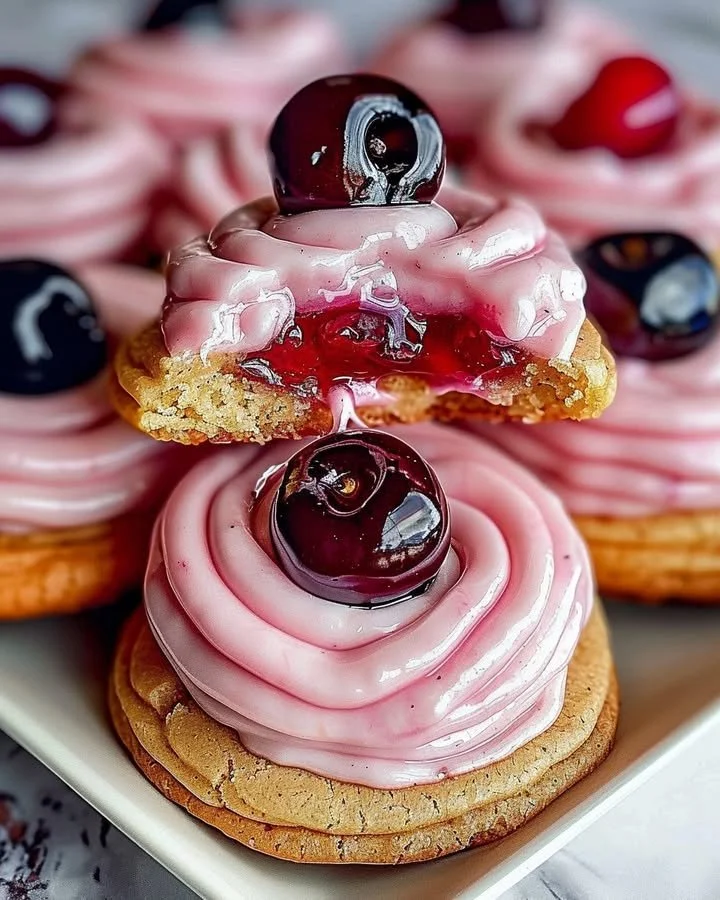 Strawberry Frosted Cherry Cookies with vibrant icing and fresh cherries on top