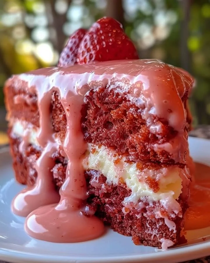 Delicious Strawberry Honeybun Cake with creamy strawberry cream icing