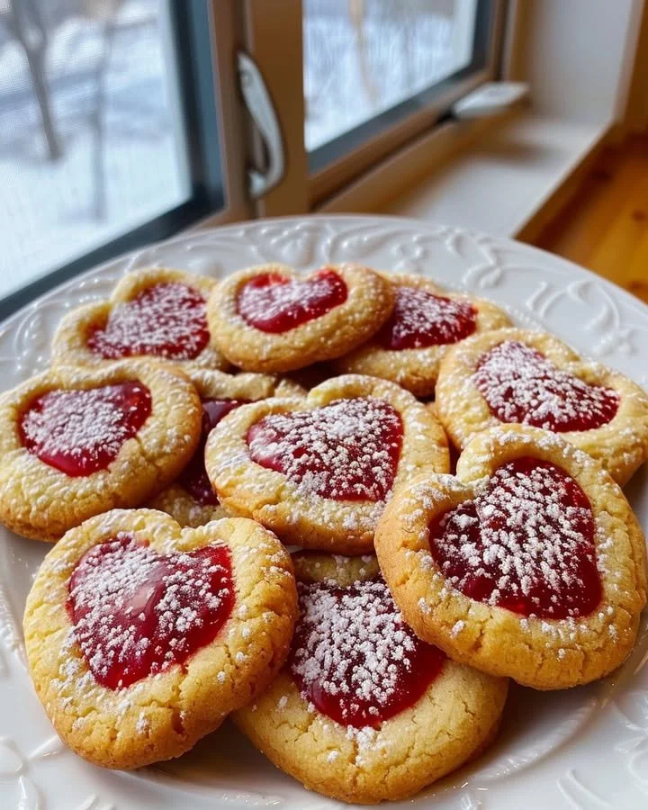 Batch of freshly baked Strawberry Kiss Cookies with strawberry and chocolate.