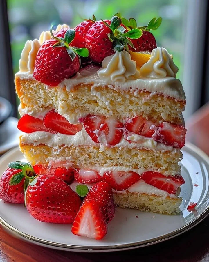 Slice of Strawberry Lemon Layer Cake with fresh strawberries and lemon zest