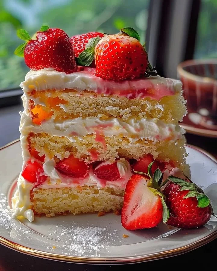A slice of Strawberry Lemon Layer Cake topped with fresh strawberries and lemon zest.