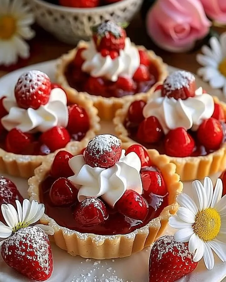 Delicious Strawberry Meringue Tarts with fresh strawberries and golden meringue topping.