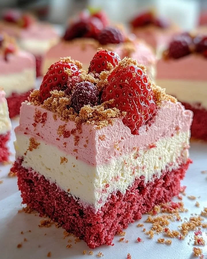Delicious Strawberry Mousse Cake with Cream Cheese Layer topped with fresh strawberries