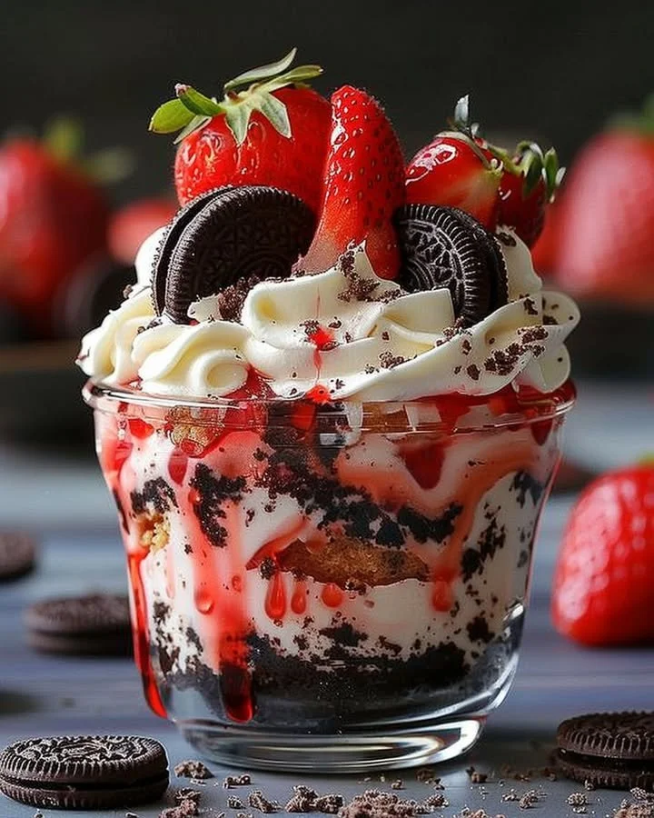 Delicious Strawberry Oreo Cheesecake Cup with strawberries and Oreo cookies