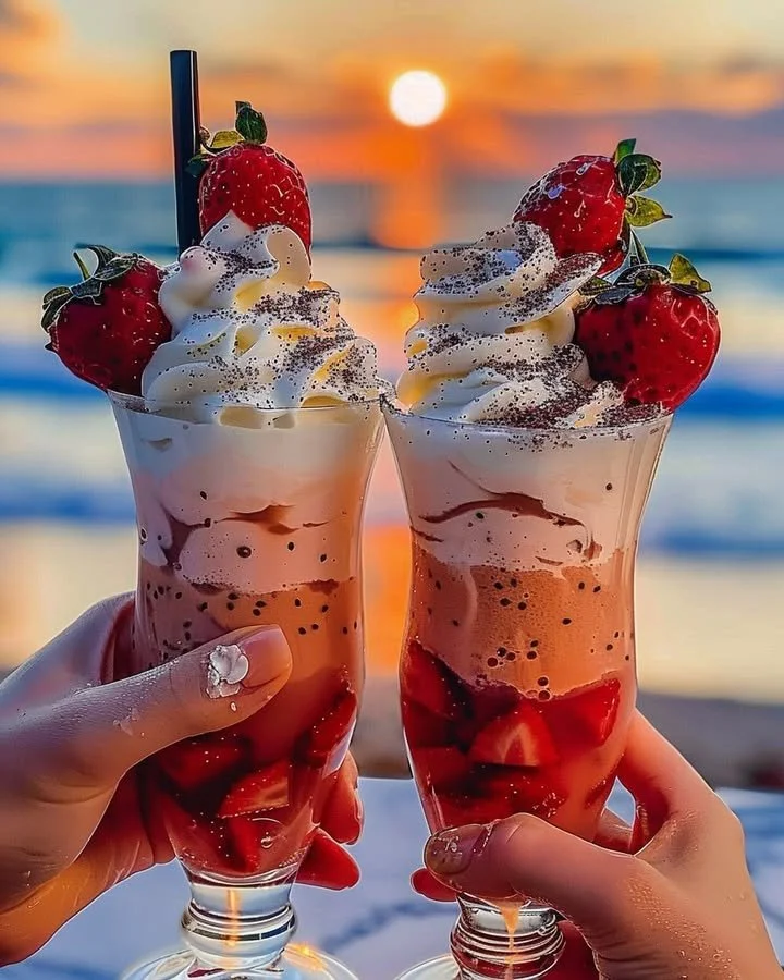Delicious Strawberry Piña Colada topped with Malibu frosting served in a tropical glass.