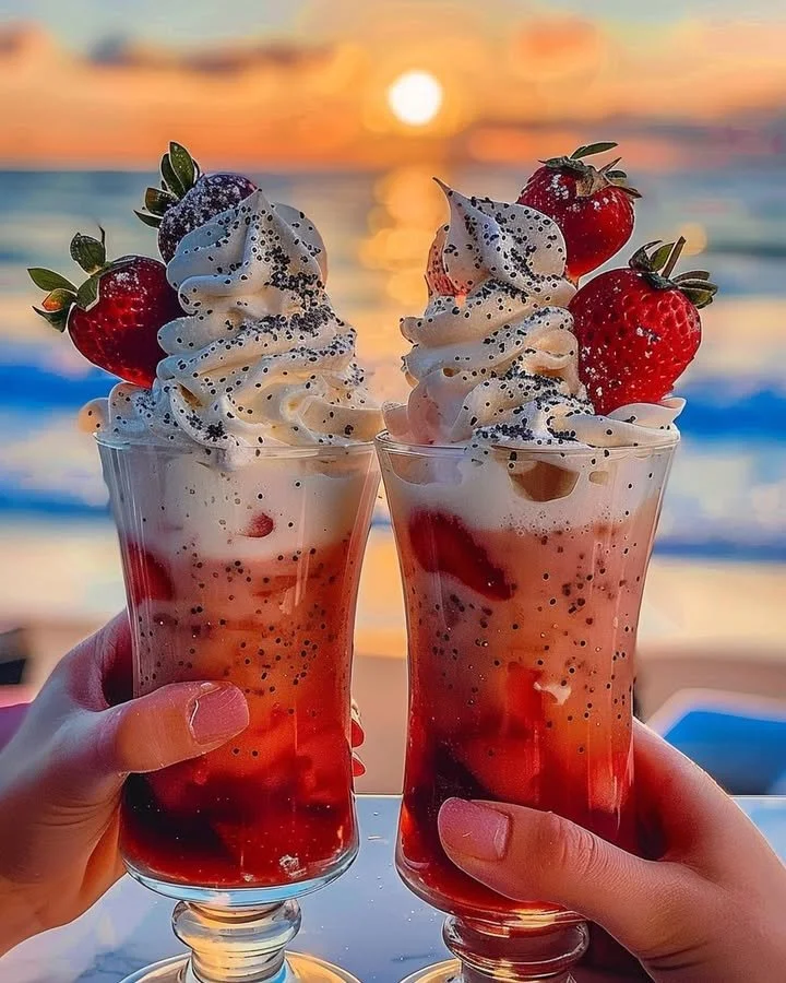 Strawberry Piña Colada topped with Malibu frosting in a tropical setting.