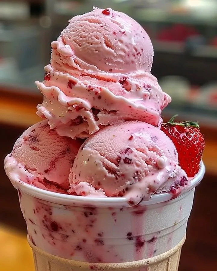 Delicious strawberry ice cream scoop in a bowl topped with fresh strawberries