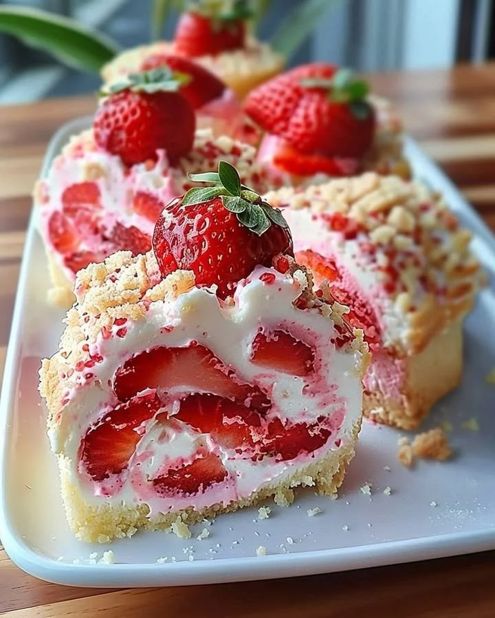 Delicious Strawberry Shortcake Cheesecake topped with fresh strawberries and whipped cream