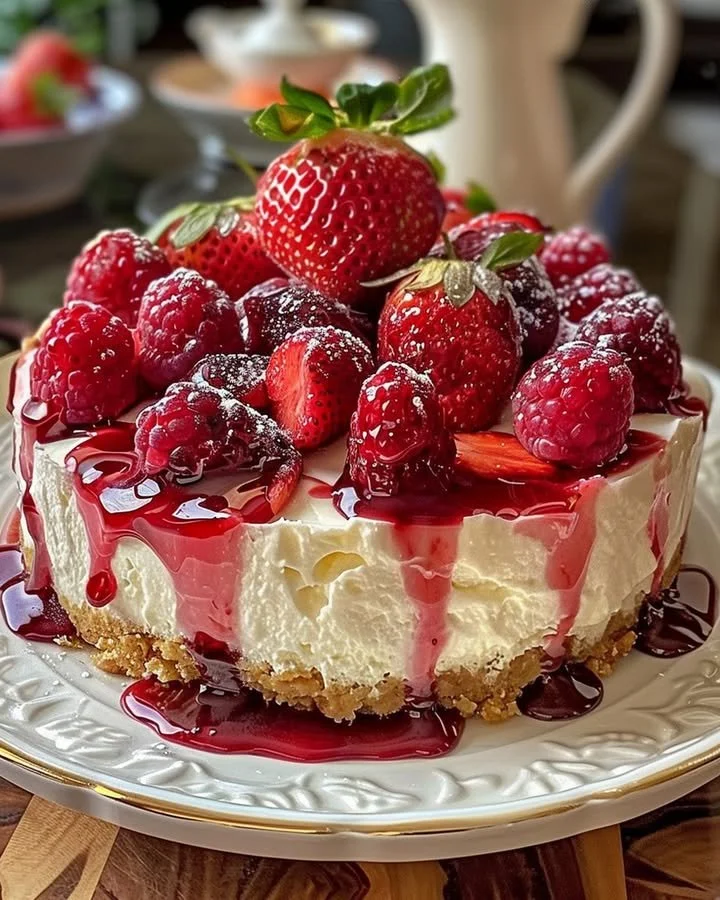 Delicious strawberry swirl cheesecake topped with fresh strawberries