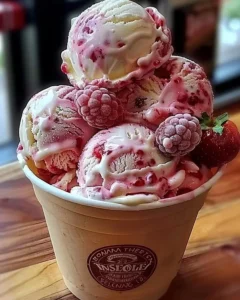 A bowl of strawberry vanilla bean ice cream topped with fresh strawberry slices.