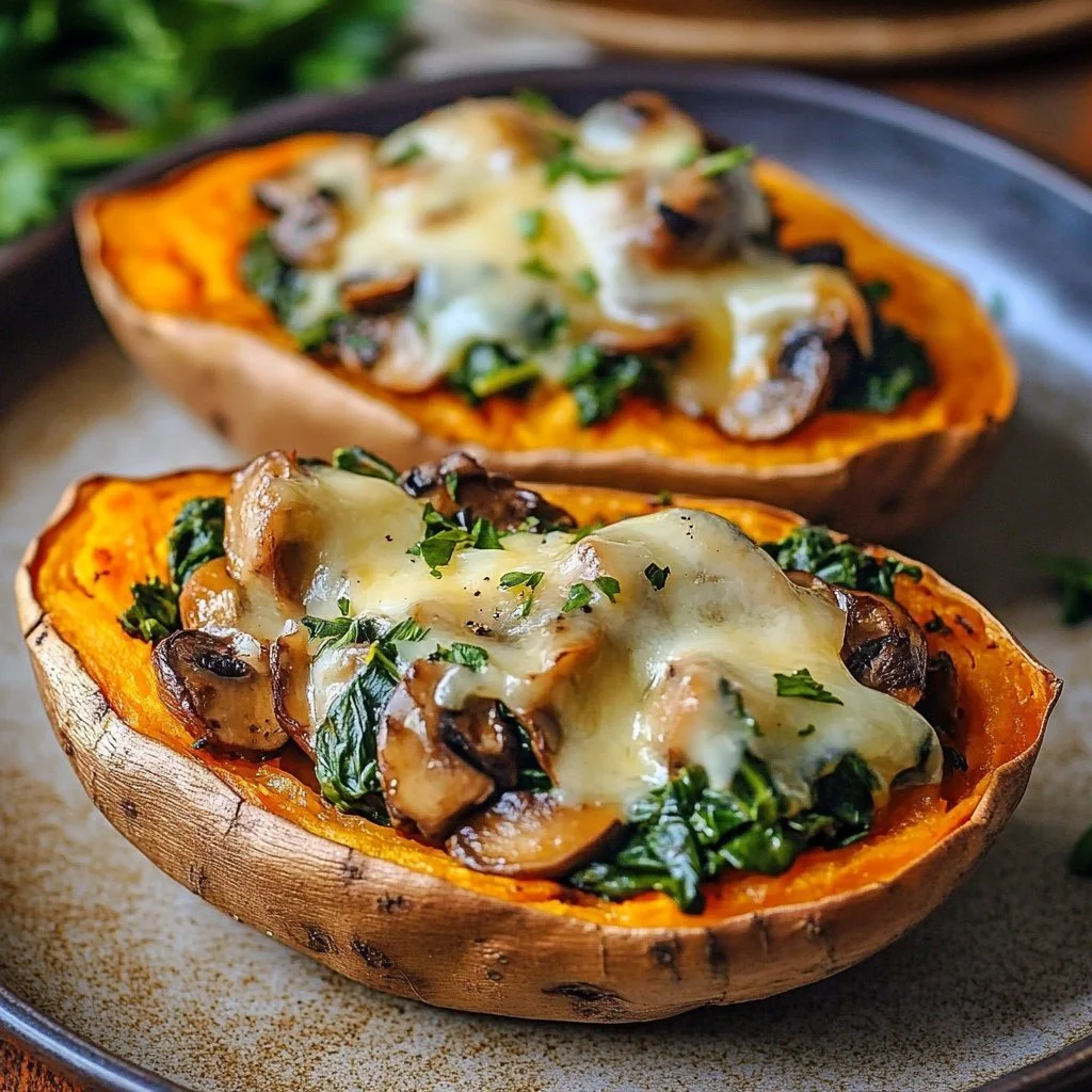 Stuffed sweet potatoes filled with mushroom and spinach for a nutritious dish