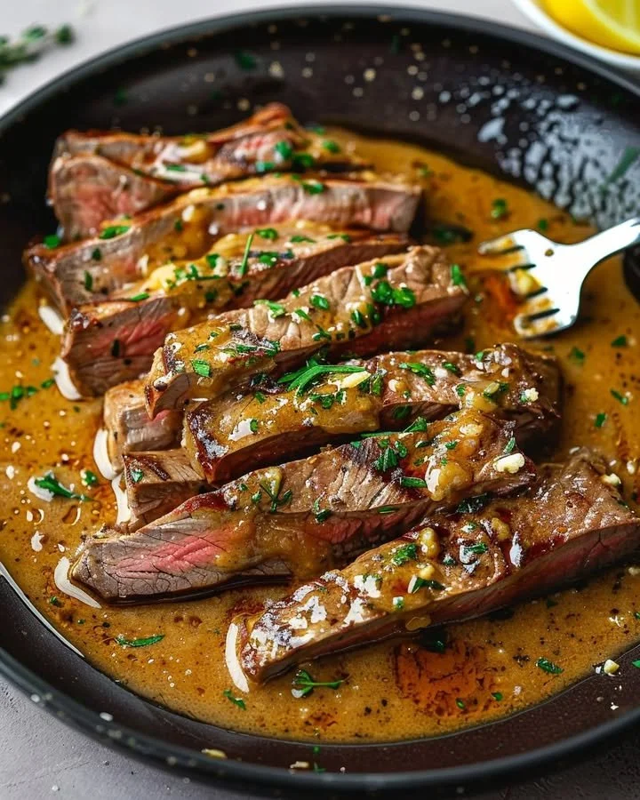 Succulent gourmet steak with herb butter garnished with fresh herbs