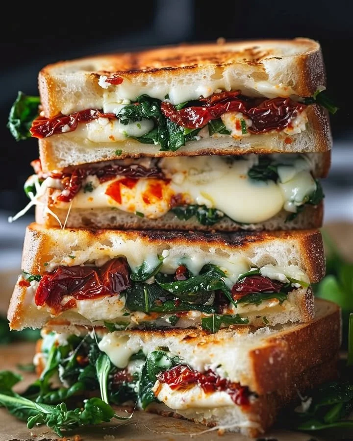 Sun Dried Tomato Spinach and Ricotta Grilled Cheese sandwich served warm