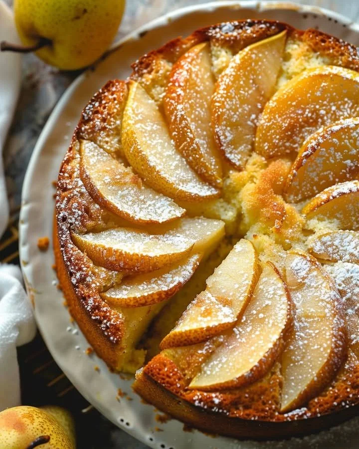 Super moist pear cake topped with fresh slices of pear and a dusting of powdered sugar