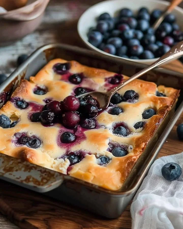 Sweet and tangy cottage cheese blueberry bake served in a dish