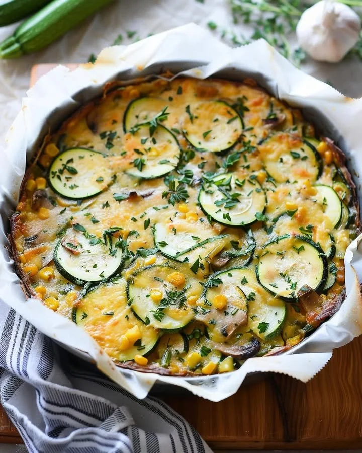 A freshly baked sweet corn and zucchini pie served on a rustic wooden table.
