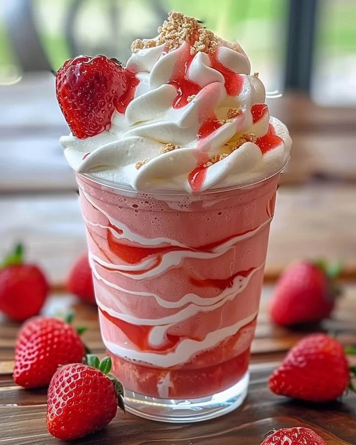 Delicious strawberries and cream frappuccino topped with whipped cream and strawberry drizzle