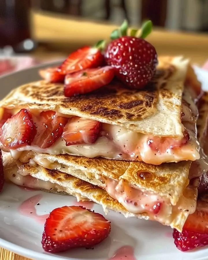 Sweet strawberry cheesecake quesadillas served on a plate with fresh strawberries