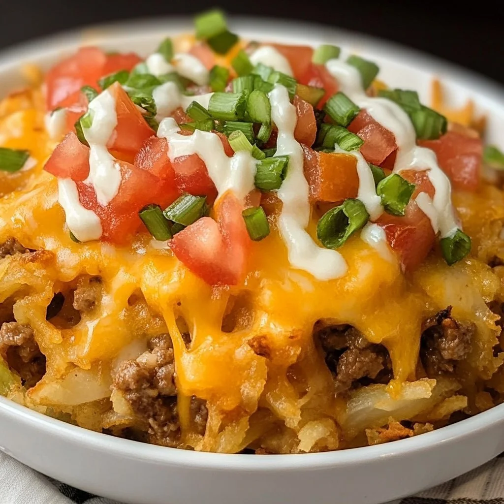 Taco Beef and Hash Brown Casserole topped with cheese and fresh ingredients