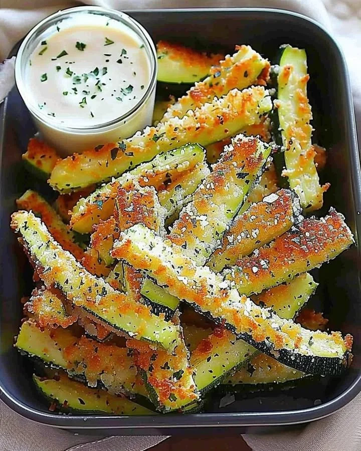 Crispy Parmesan Zucchini Fries served on a plate with dipping sauce