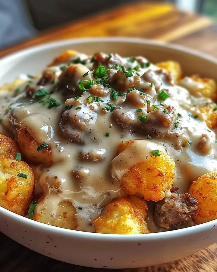 Delicious tater tot breakfast bowl with sausage gravy and toppings.