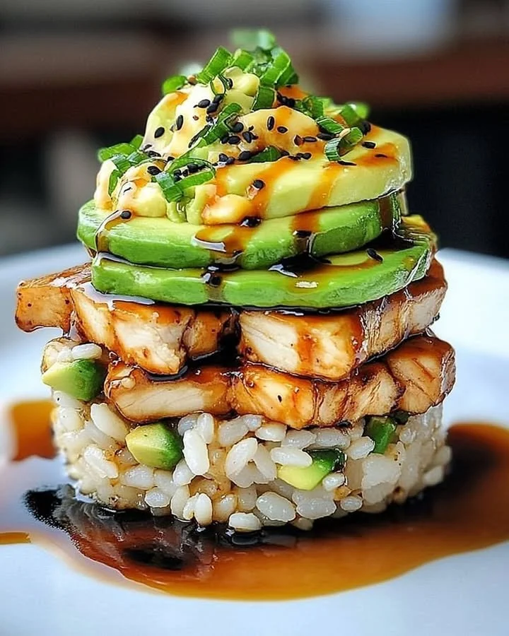 Teriyaki Chicken Avocado Rice Stack served in a vibrant bowl with colorful toppings.