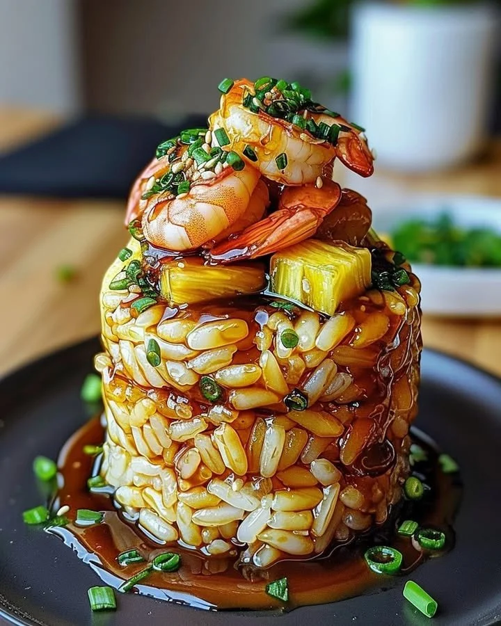 Teriyaki Shrimp served on a bed of Pineapple Rice Stack