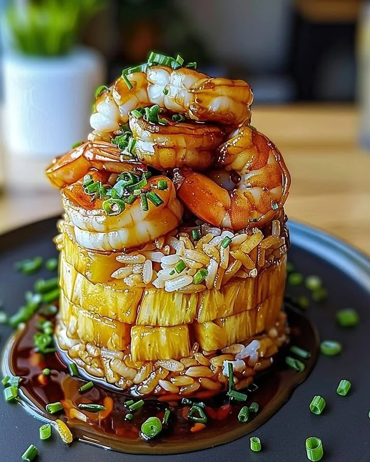 Delicious Teriyaki Shrimp with Pineapple Rice Stack dish served on a plate