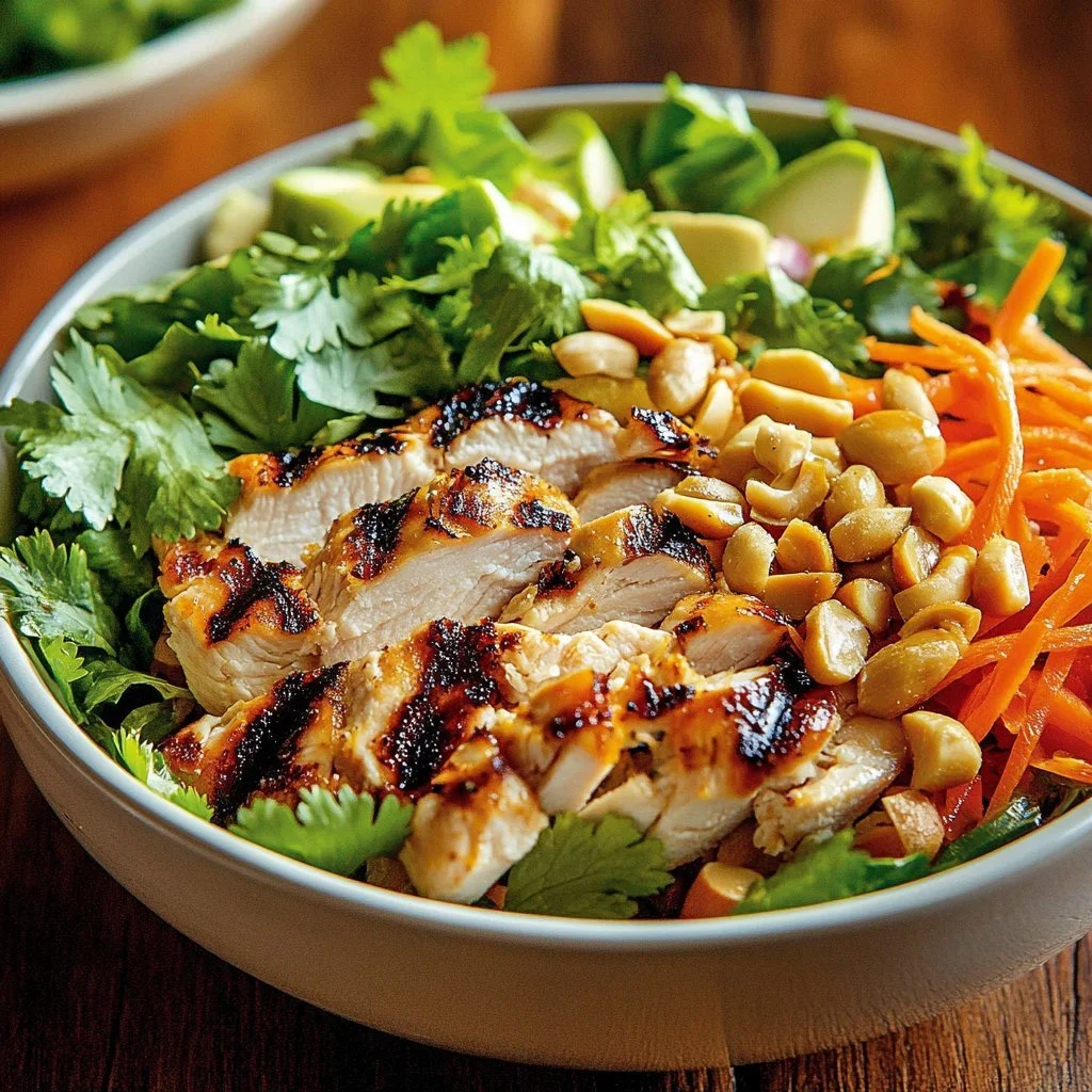 Delicious Thai Peanut Chicken Salad with fresh vegetables and creamy peanut dressing