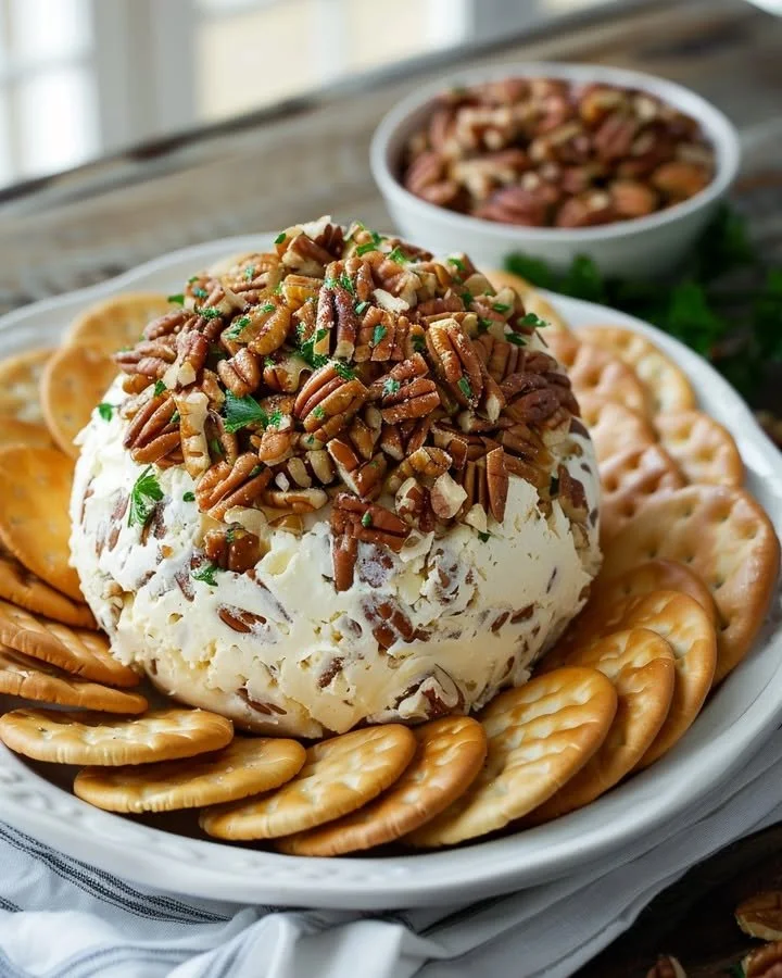Delicious homemade cheese ball served on a platter with crackers and herbs