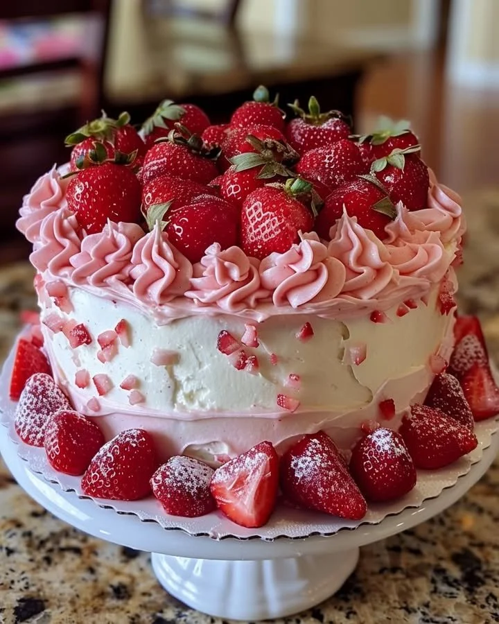 Delicious slice of the best strawberry cake topped with fresh strawberries and whipped cream.