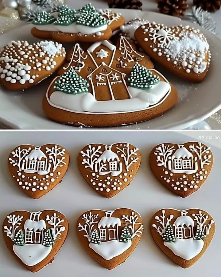 Traditional gingerbread cookies decorated with a winter village theme