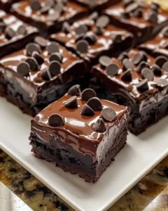 Decadent triple chocolate fudge brownies topped with chocolate drizzle.
