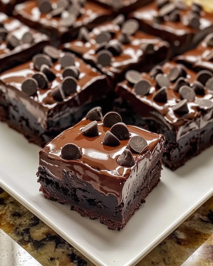 Decadent triple chocolate fudge brownies topped with chocolate drizzle.
