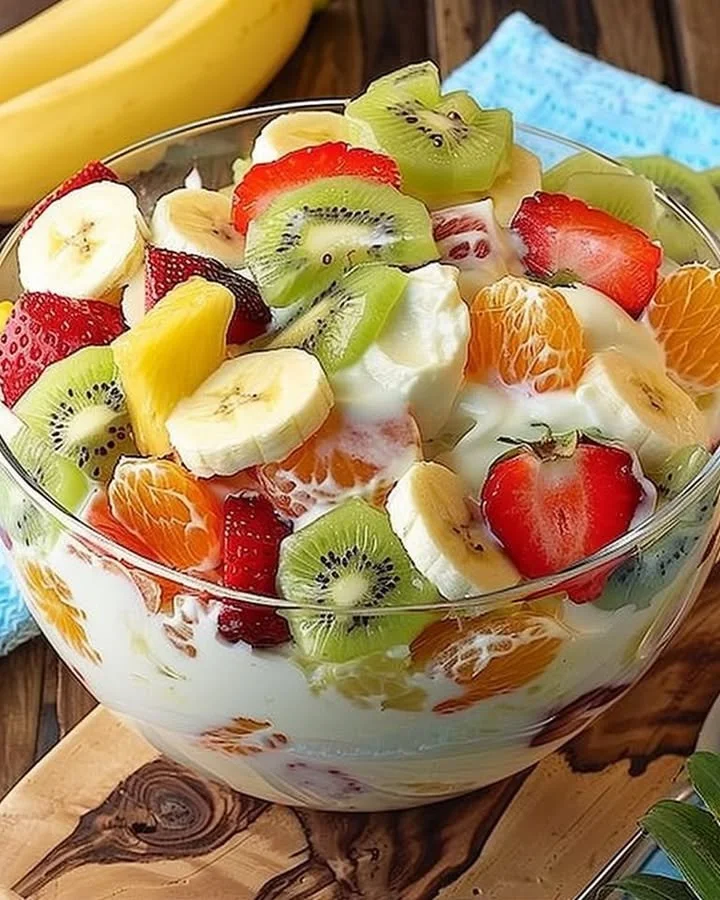 A bowl of tropical cheesecake fruit salad with colorful fruits and creamy cheesecake.
