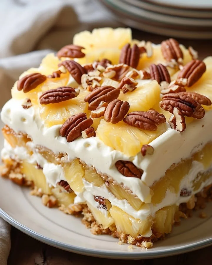 Delicious Tropical Pineapple Dream Cake topped with fresh pineapple slices.