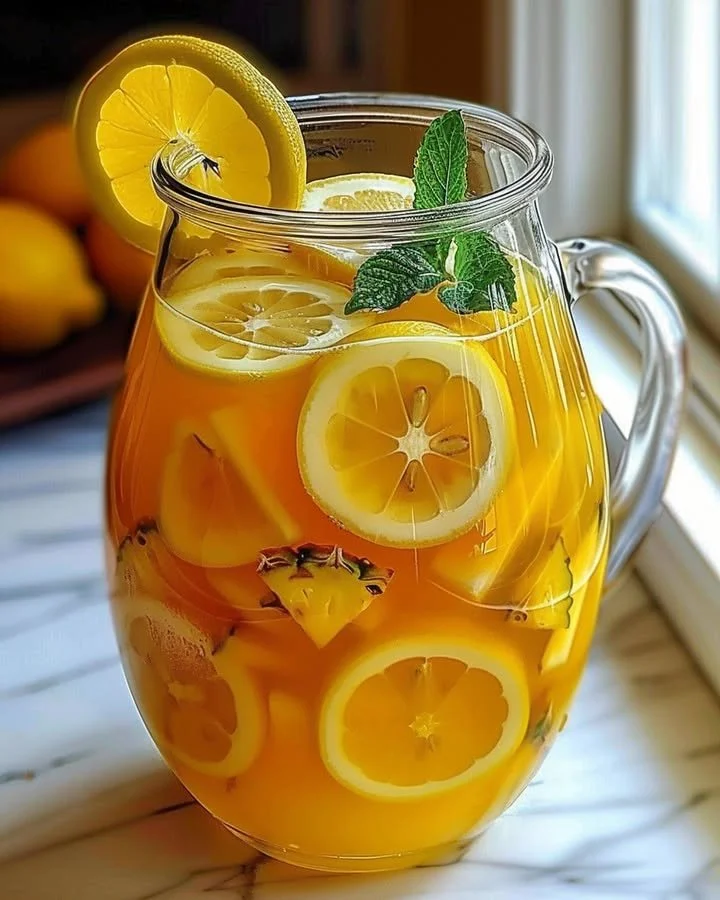 Tropical Pineapple Lemonade Punch served in a glass with fresh fruit garnishes