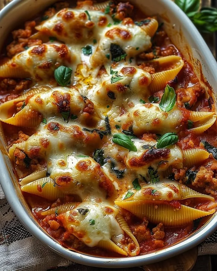 Turkey and spinach stuffed shells baked in a creamy sauce