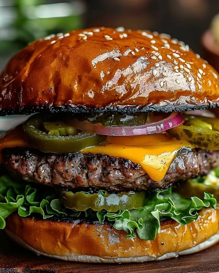Delicious Ultimate Jalapeño Cheeseburger topped with spicy jalapeños and melted cheese