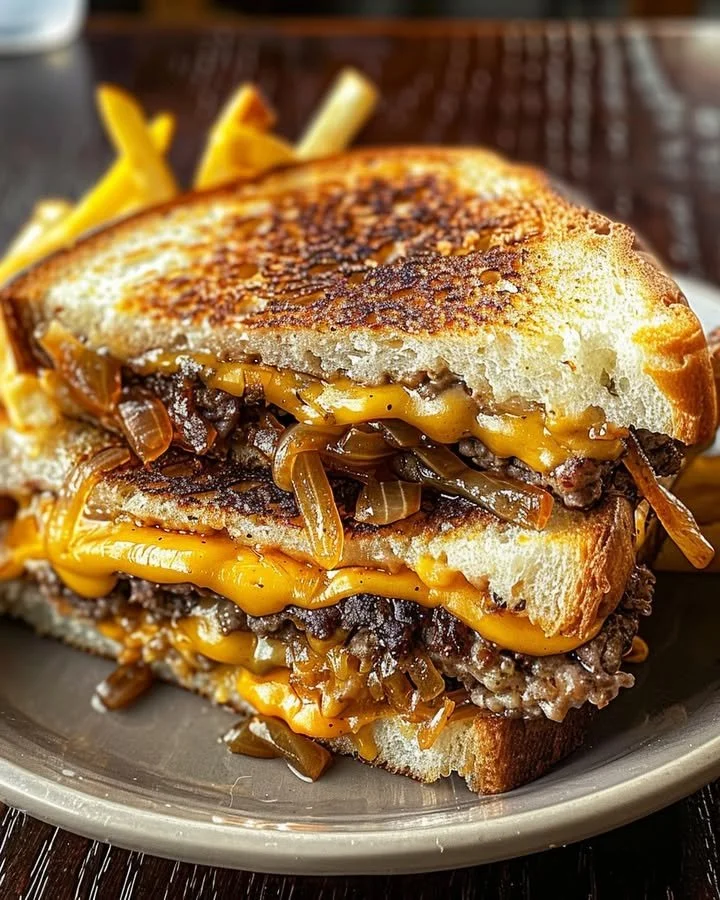 Delicious ultimate patty melt with beef, cheese, and caramelized onions on toasted bread.