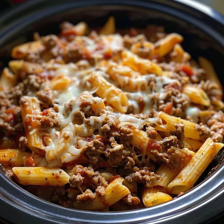 Delicious slow cooked beef served with mostaccioli pasta in a rich sauce.