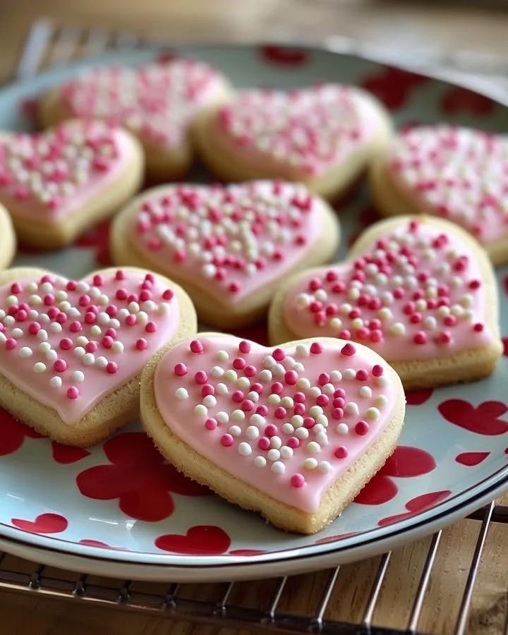 Heart-shaped Valentine's Day sugar cookies decorated with icing.