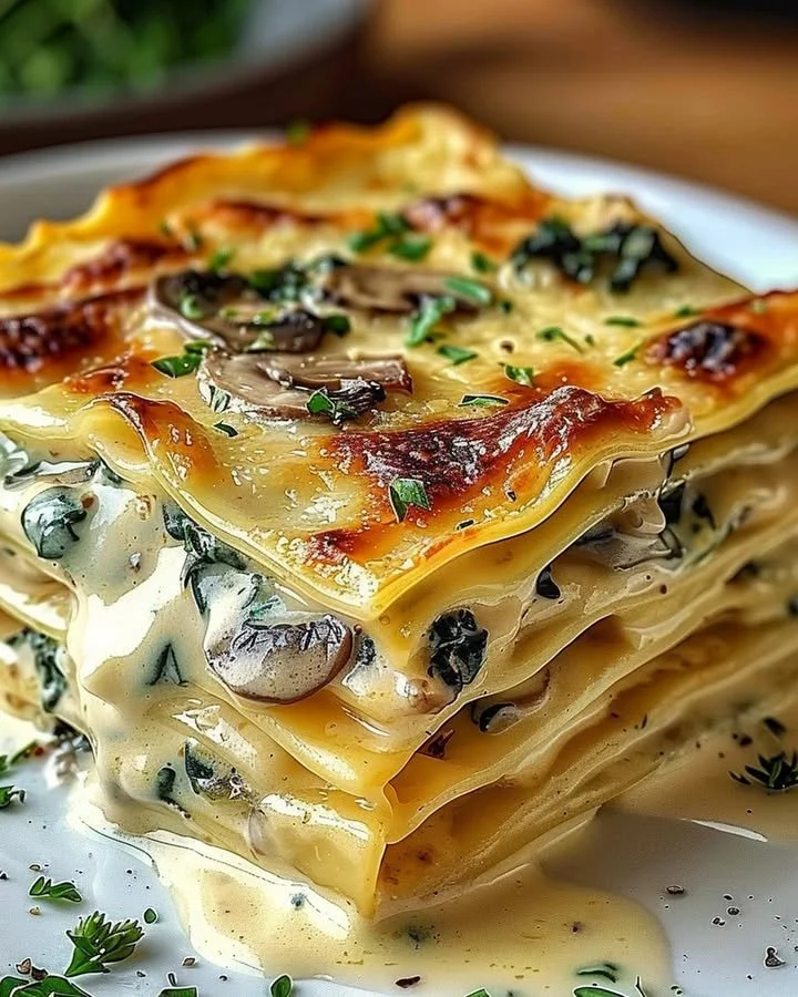 Vegetarian creamy spinach and mushroom lasagna topped with ricotta and mozzarella