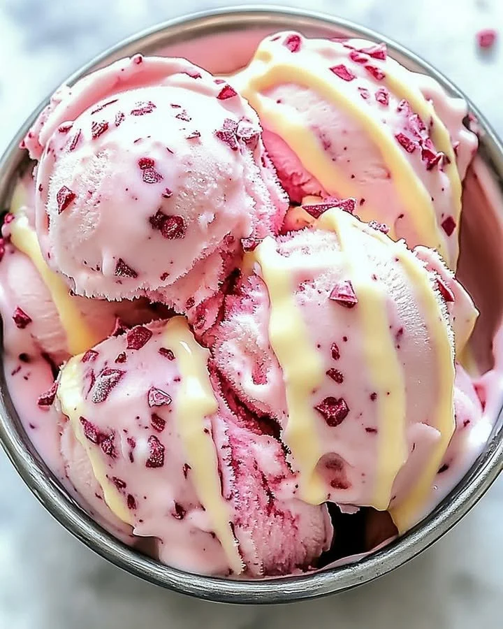 Velvet ice cream with white chocolate drizzled on top in a dessert bowl